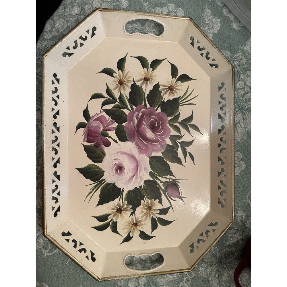 Vintage Hand Painted Floral Metal Serving Tray Large Cream 18”x 13”
